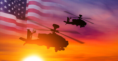 USA army and Nation flag on sunset background. Veterans Day , Memorial Day, Independence Day . America celebration.3d illustration.