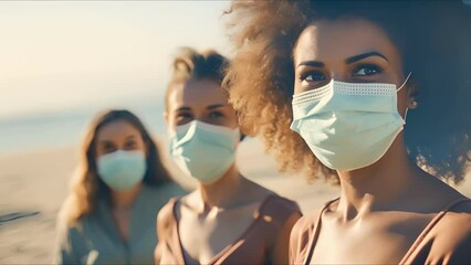 Closeup of a group of friends enjoying a day at the beach, all wearing face masks to stay safe in the sun.