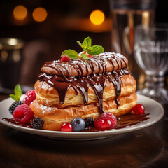 French pastry with a golden crust and a soft, sweet interior decorated with fresh fruit and a chocolate coating Generative AI