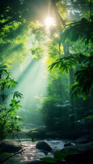 Dreamy tropical landscape with rainforest. Poster with greenery and copy space for your text. Bali style template for your design, exotic photo with green palm leaves and atmospheric sunlight rays.  - obrazy, fototapety, plakaty