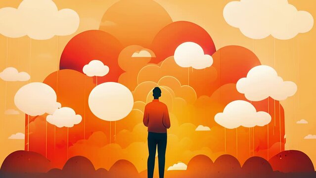 A person surrounded by a cloud of negative thoughts. Psychology art concept.