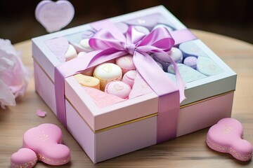 Dive into a sea of various delightful candy treats with this pink box overflowing with a tempting assortment., A romantic pastel-colored Valentine's Day gift box, AI Generated