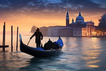 Experience the tranquility of Venice as you ride a gondola over the peaceful waters., A romantic Venetian gondola ride at dusk, AI Generated - obrazy, fototapety, plakaty