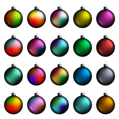Set of realistic round Christmas balls with colorful gradient and flares isolated on white background. Cliparts for christmas tree.