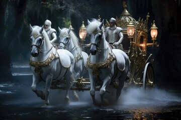 A diverse group of individuals joyfully riding together on the backs of white horses against a beautiful natural backdrop., A royal chariot led by white horses, AI Generated