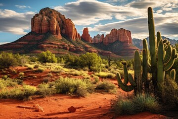 A stunning landscape photograph of a serene desert scene, featuring a cactus and majestic mountains in the background., A rugged Western landscape with red rock formations and cacti, AI Generated - obrazy, fototapety, plakaty