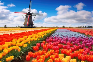 A beautiful field filled with colorful flowers, with a traditional windmill standing tall in the distance., A rural landscape with colorful tulip fields and windmills, AI Generated