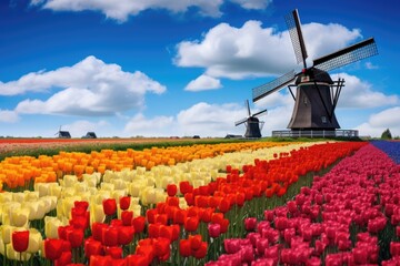 A picturesque scene of a field filled with vibrant tulips, with a traditional windmill standing tall in the background., A rural landscape with colorful tulip fields and windmills, AI Generated