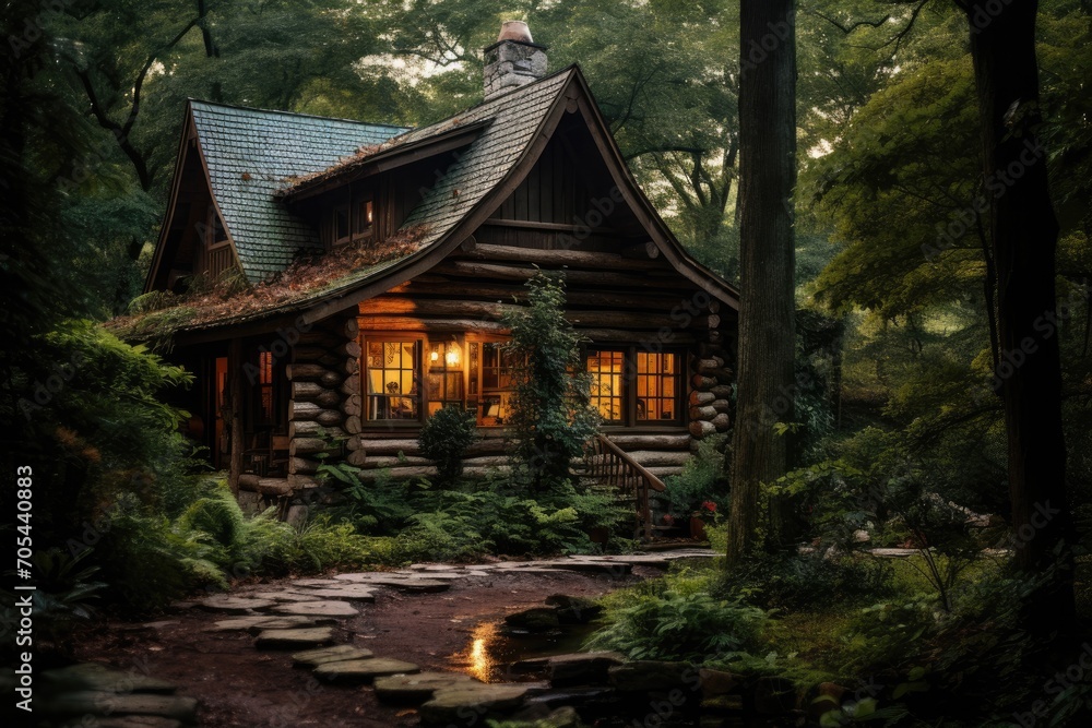 Poster a log cabin in the woods shines brightly at night, creating a warm and inviting atmosphere., a rusti