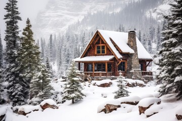 Fototapeta premium Experience the tranquil serenity of a secluded cabin nestled amidst snow-covered mountains., A rustic log cabin nestled in a snowy landscape, AI Generated