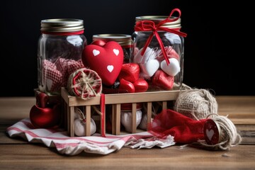 A couple of jars filled with hearts on top of a table, creating a romantic and delightful decoration for a gift or event., A rustic mason jar-themed Valentine's Day gift box, AI Generated