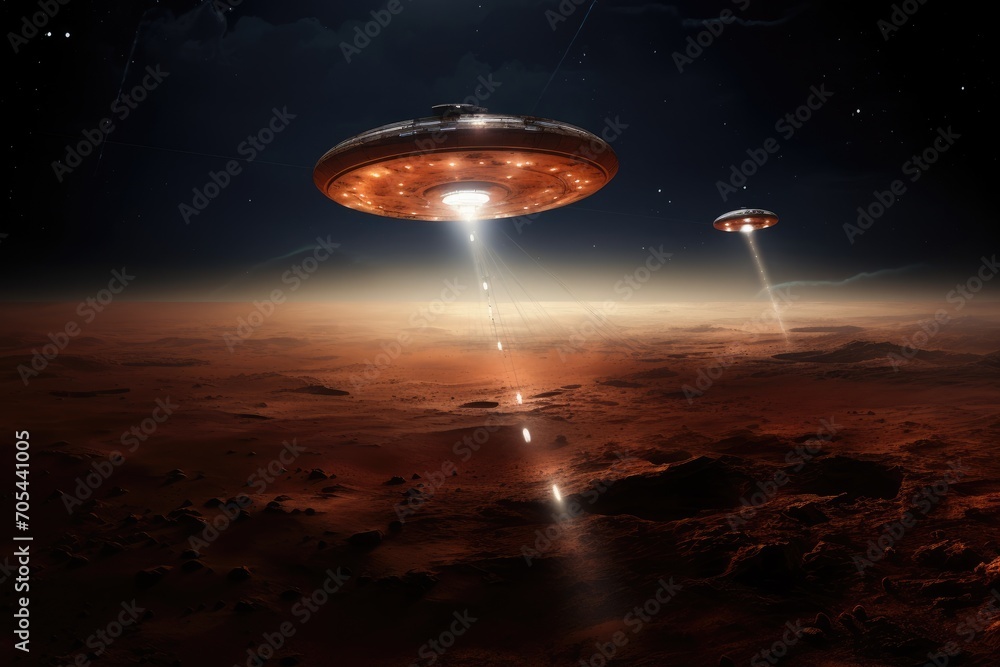 Poster a spaceship soars through the vastness of space over a vivid red planet., a satellite beaming messag
