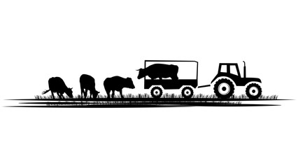 Set of silhouette scenes from farm life with tractor and cows isolated on white background. Rural clipart. - obrazy, fototapety, plakaty
