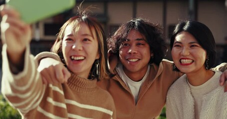 Selfie, smile and Japanese friends on holiday travel with peace sign, fun and happy group adventure together. Digital photography, happy man and women students relax on vacation in Asian countryside