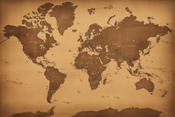 An aged map of the world, presented in a rich sepia tone, depicting all continents and countries., A sepia-toned map of the world, AI Generated