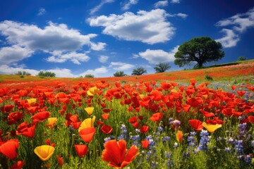 Fototapeta premium A breathtaking field full of colorful wildflowers nestled under a clear blue sky., A serene field full of brightly colored wildflowers in the spring, AI Generated