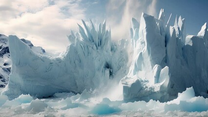 The dramatic scene of massive chunks breaking off from the glaciers edge, signaling the effects of global warming on its fragile structure.