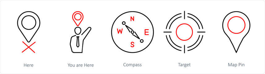 A set of 5 Location icons as here, you are here, compass