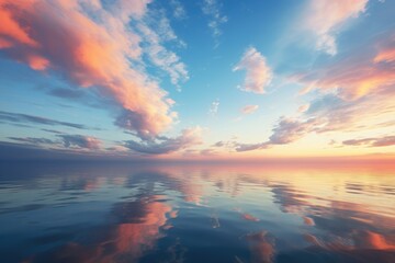 The image captures the serene reflection of the sky on a calm body of water., A serene interpretation of an abstract morning sky meeting the sea, AI Generated