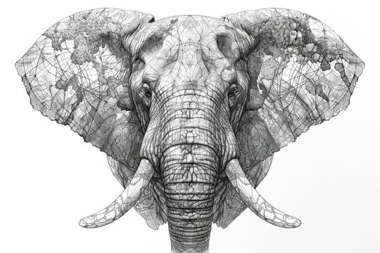 A majestic elephant with intricate line art, paired with a modern globe, creating a visually appealing representation of the wild and worldly sophistication.