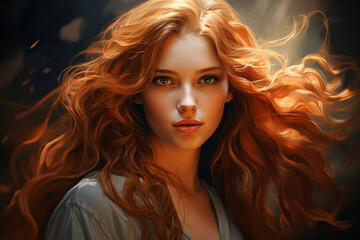 A realistic depiction of a girl with warm brown eyes and auburn waves, the intricate details in her expression and the play of light adding depth to this stunning 2D portrait. - obrazy, fototapety, plakaty