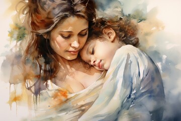 A touching painting depicting a woman tenderly embracing a child in her arms., A serene watercolor painting of a mother and child, AI Generated