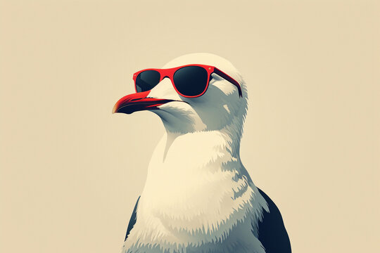 A minimalist seagull illustration in tandem with a fashionable pair of sunglasses, capturing the free-spirited nature of coastal birds merged with the trendiness of eyewear in a st