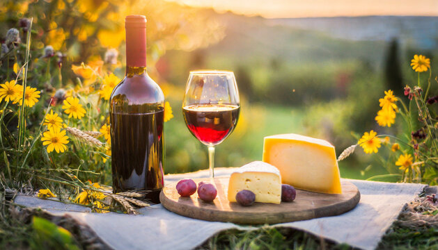 wine and cheese on a background of a garden, glasses, a bottle of red wine, at sunset