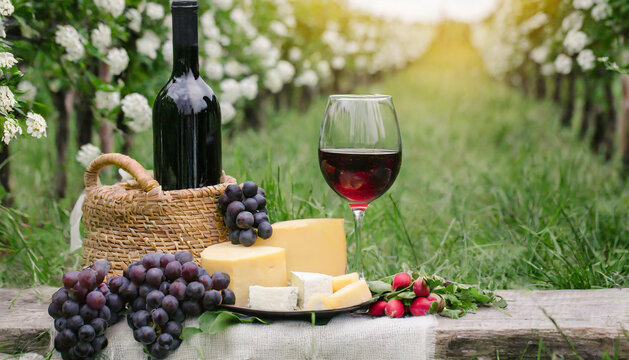 wine and cheese on a background of a garden, glasses, a bottle of red wine,