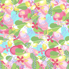 Abstract eggs, flowers and leaves are a seamless Easter pattern. Full filling, random repeat, seasonal print