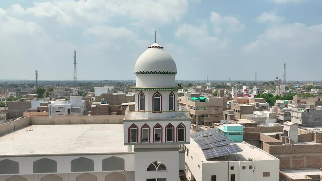 Beautiful aerial shot of Darul Uloom Hussainia Shahdadpur in between a city during a sunny day in Sindh, Pakistan. 