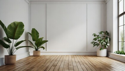 Fototapeta na wymiar Modern Garden Retreat: Wooden-Floored White Room with Lush Plants