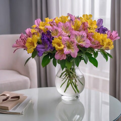 Alstroemeria yellow and pink and violet flowers and solidagos flower