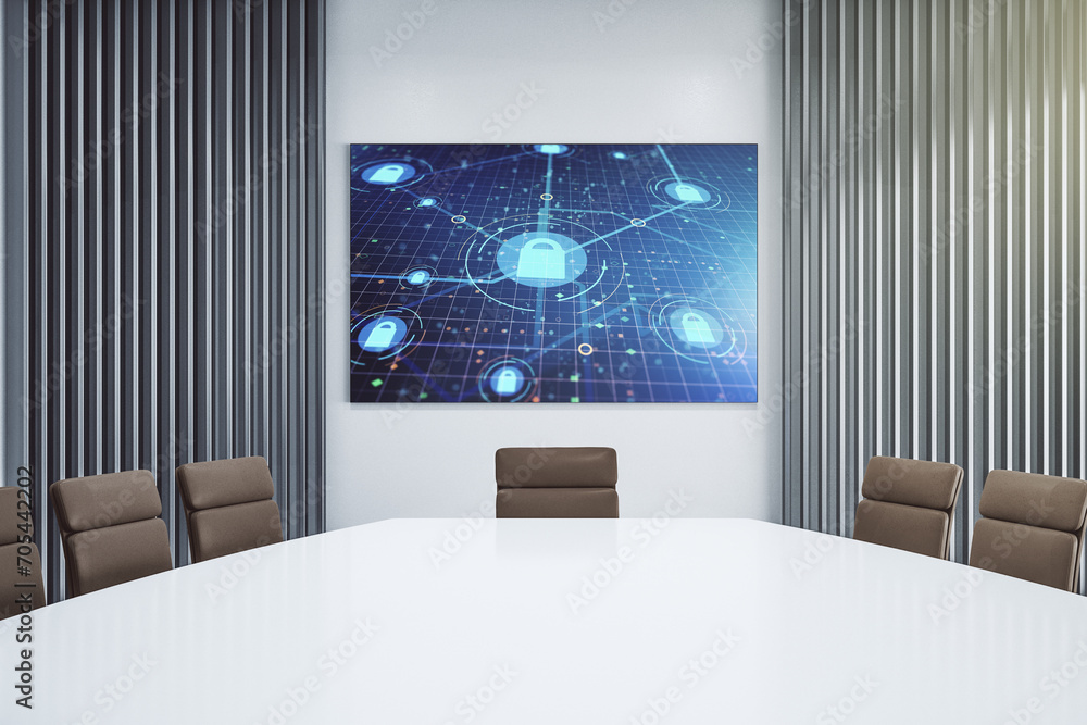 Fototapete creative light lock illustration and microcircuit on tv display in a modern presentation room, cyber