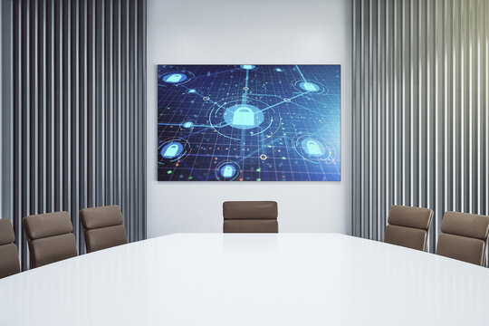 Creative light lock illustration and microcircuit on tv display in a modern presentation room, cyber security concept. 3D Rendering