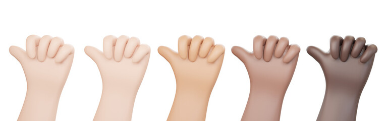 3D illustration of hands with different skin colors doing thumb up hand sign on transparent background