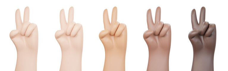 3D illustration of hands with different skin colors doing victory peace v hand sign on transparent background
