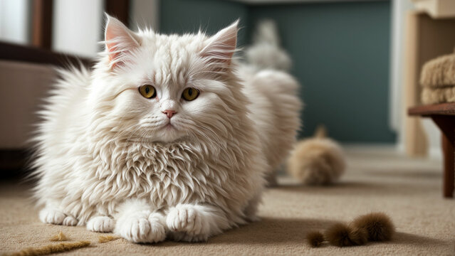 playful antics of a White Persian Cat as it engages in various activities on the floor emphasize the joy and energy of the cat's play while maintaining a solid color background to accentuate its fluff