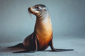 Fototapeta premium A sea lion, its look proud and attractive, sits on a cement floor, posing majestically.