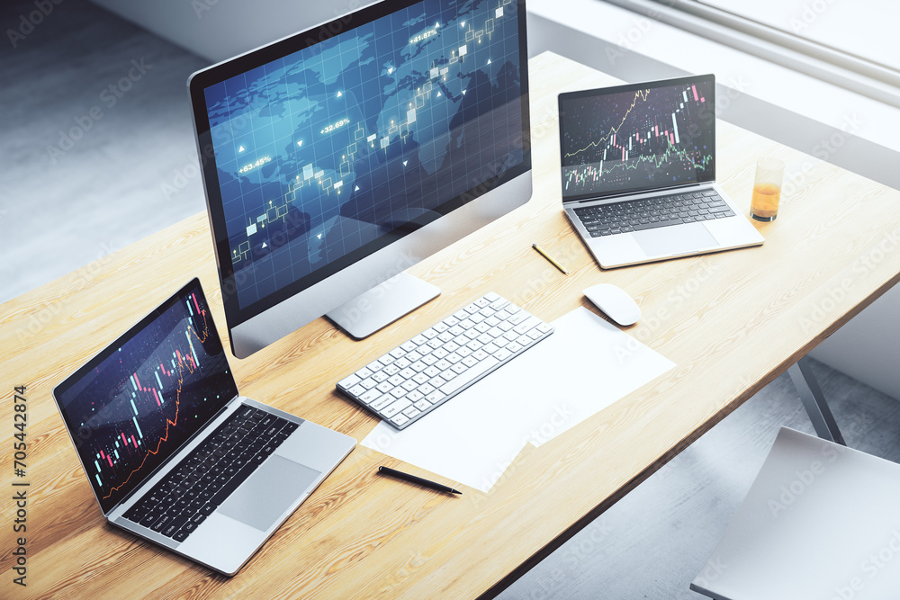 Aufkleber modern computer display with abstract financial graph with world map, financial and trading concept.