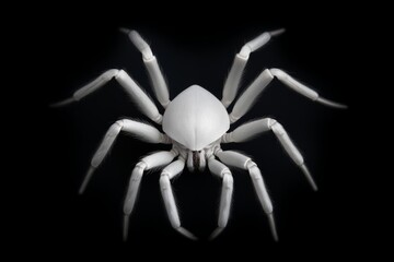 A white spider, its abdomen and legs large, stands out against a black background.
