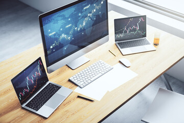 Modern computer display with abstract financial graph with world map, financial and trading concept. 3D Rendering - obrazy, fototapety, plakaty