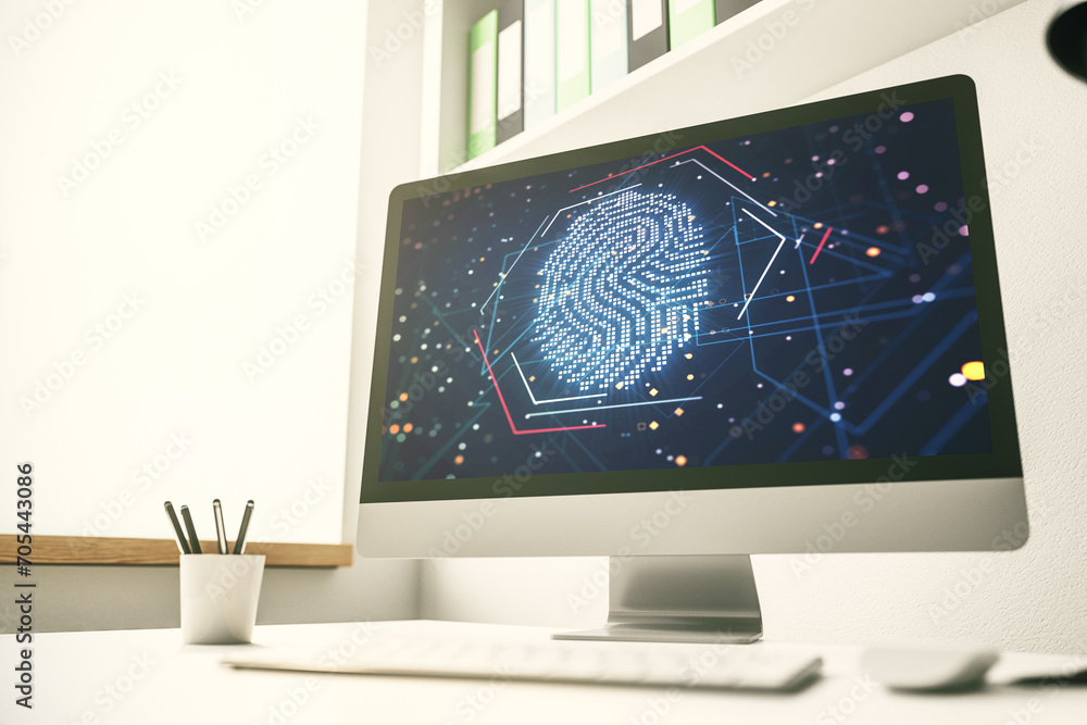 Aufkleber Modern computer display with abstract graphic fingerprint sketch, fingerprint scan data concept. 3D Rendering