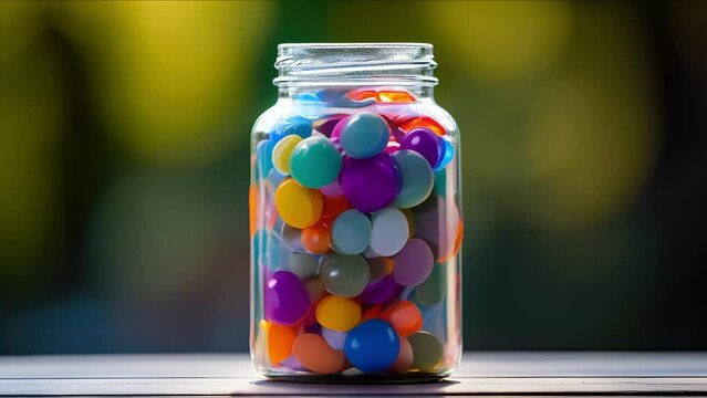 Closeup of a glass jar filled with colorful plastic bottle caps, illustrating just a small fraction of plastic waste.
