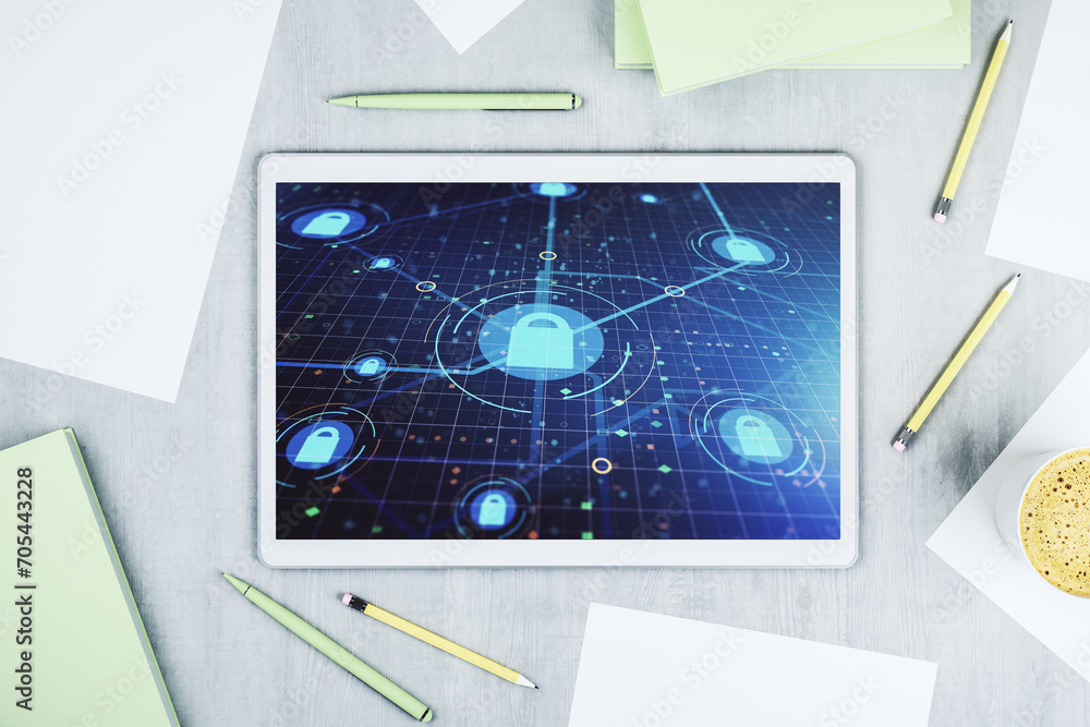 Poster Modern digital tablet display with creative light lock illustration and microcircuit, cyber security concept. Top view. 3D Rendering