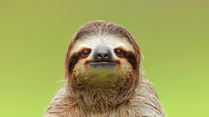 Fototapeta premium A sloth, its expression peaceful and happy, rests against a green background.