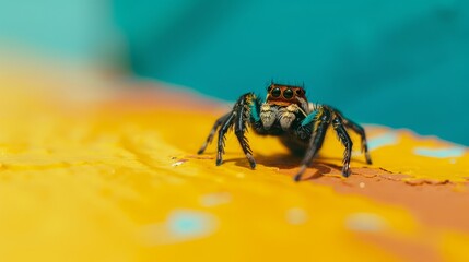 A jumping spider, its large eyes friendly and smile menacing, rests on a yellow flower.