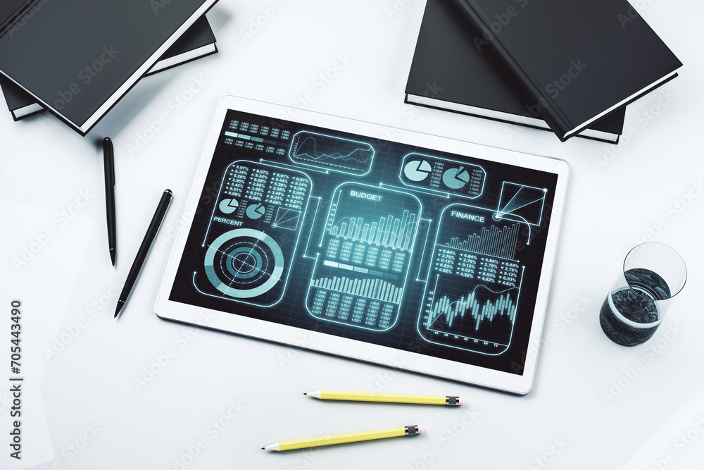 Fototapete Stats data illustration on modern digital tablet monitor, computing and analytics concept. Top view. 3D Rendering