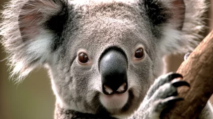 Fotobehang A koala bear, its fur soft and eyes expressive, lounges on a tree branch, strumming a guitar. © Duka Mer
