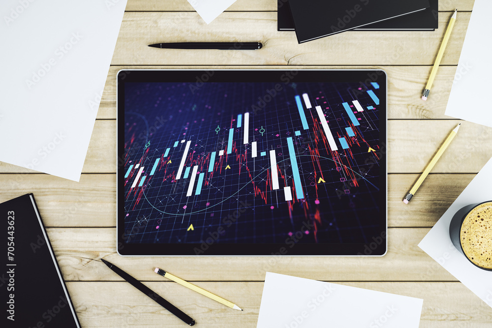 Poster digital tablet with abstract financial graph, finance and trading concept. top view. 3d rendering